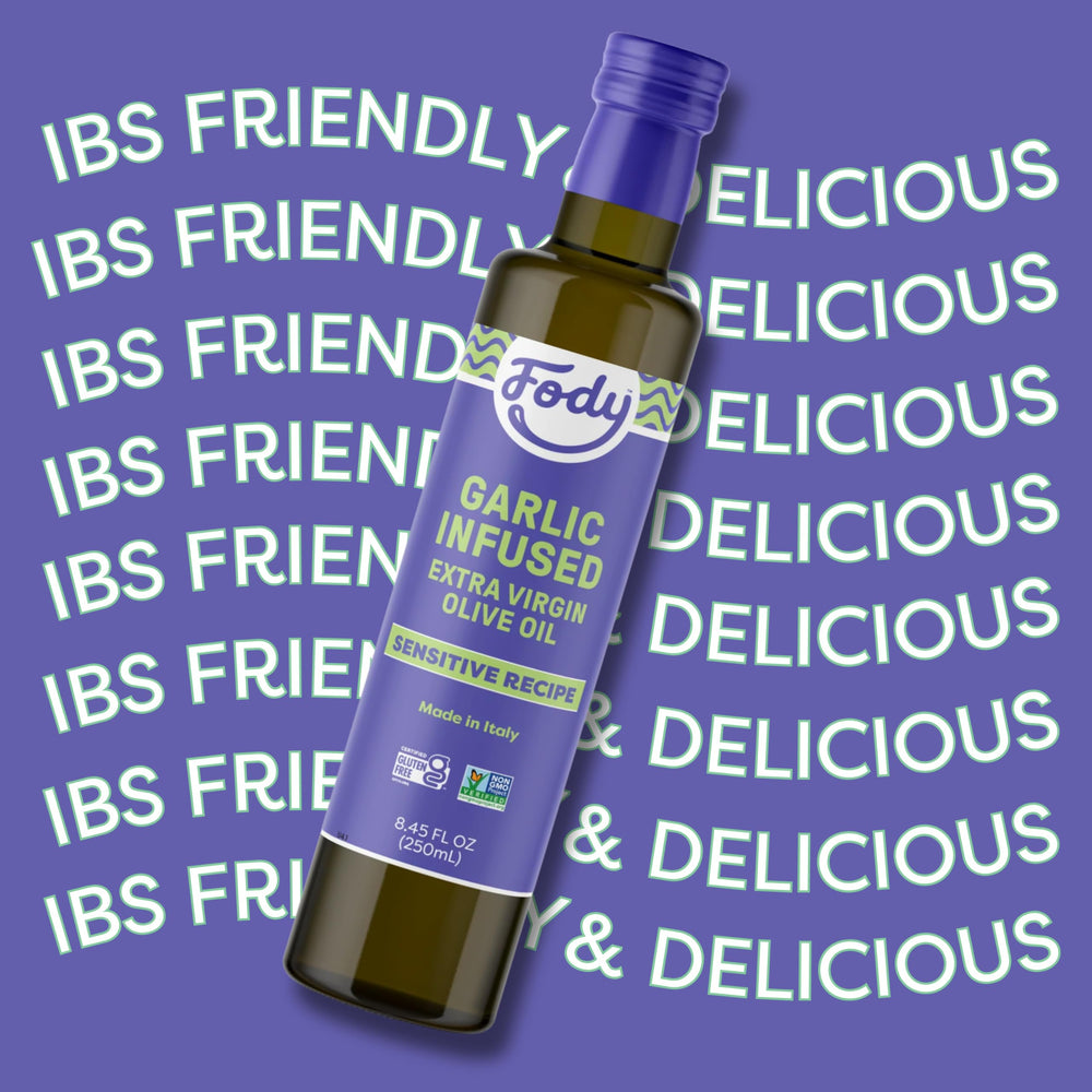 Italian kitchen scene with Fody oil ready for low FODMAP cooking.