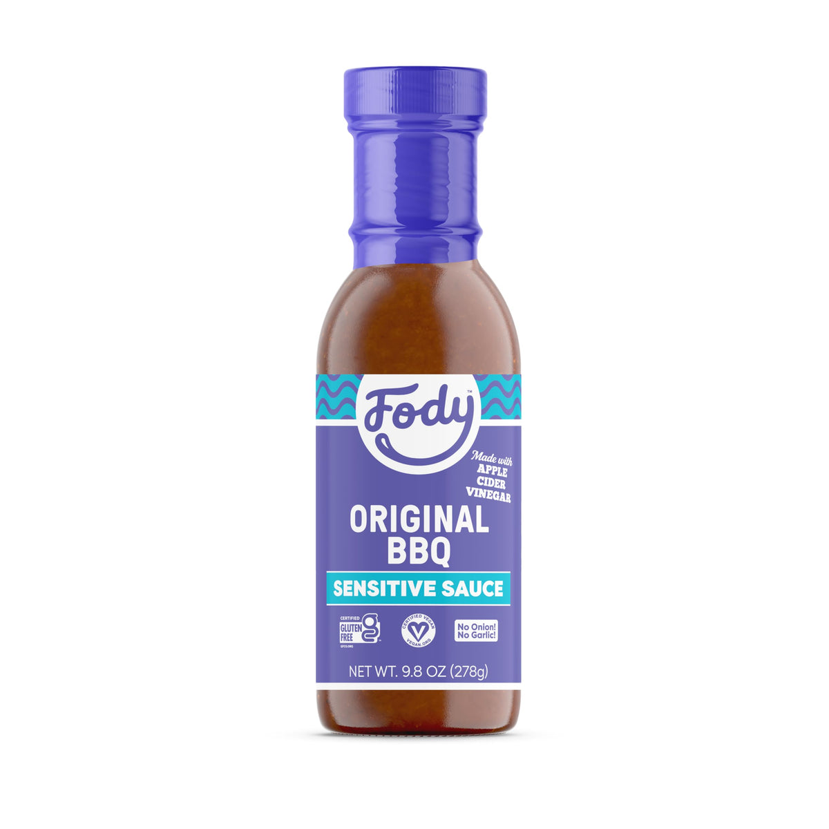 Fody Original BBQ Sauce bottle pour shows garlic-free, gut-friendly flavor for grilling