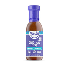 Fody Original BBQ Sauce bottle pour shows garlic-free, gut-friendly flavor for grilling