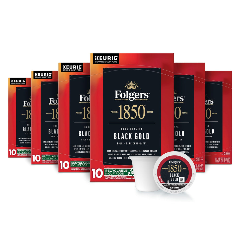 Folgers 1850 Black Gold K-Cup box on display for quick, convenient mornings.