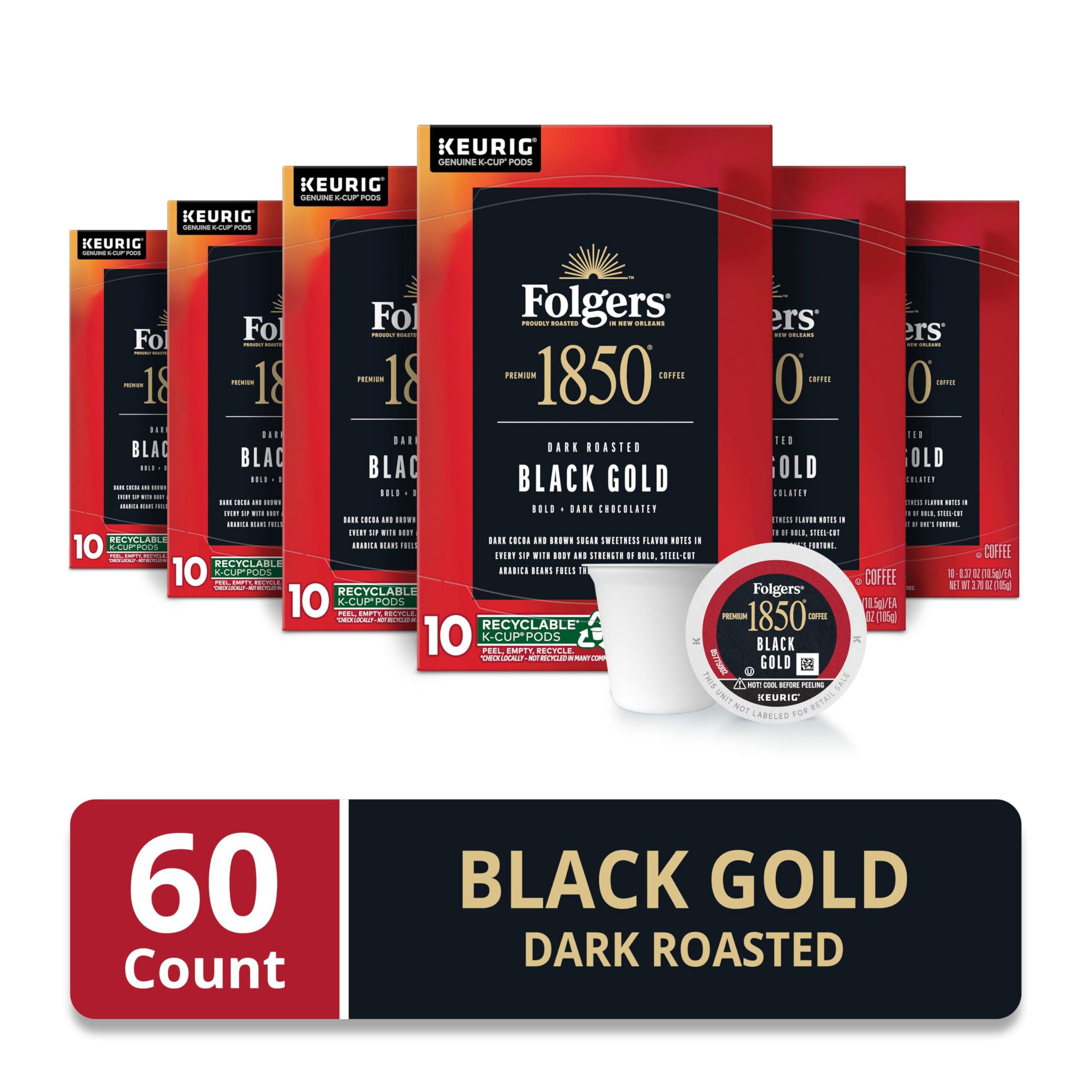Folgers 1850 Black Gold Keurig pods arranged for fast single-serve brewing.