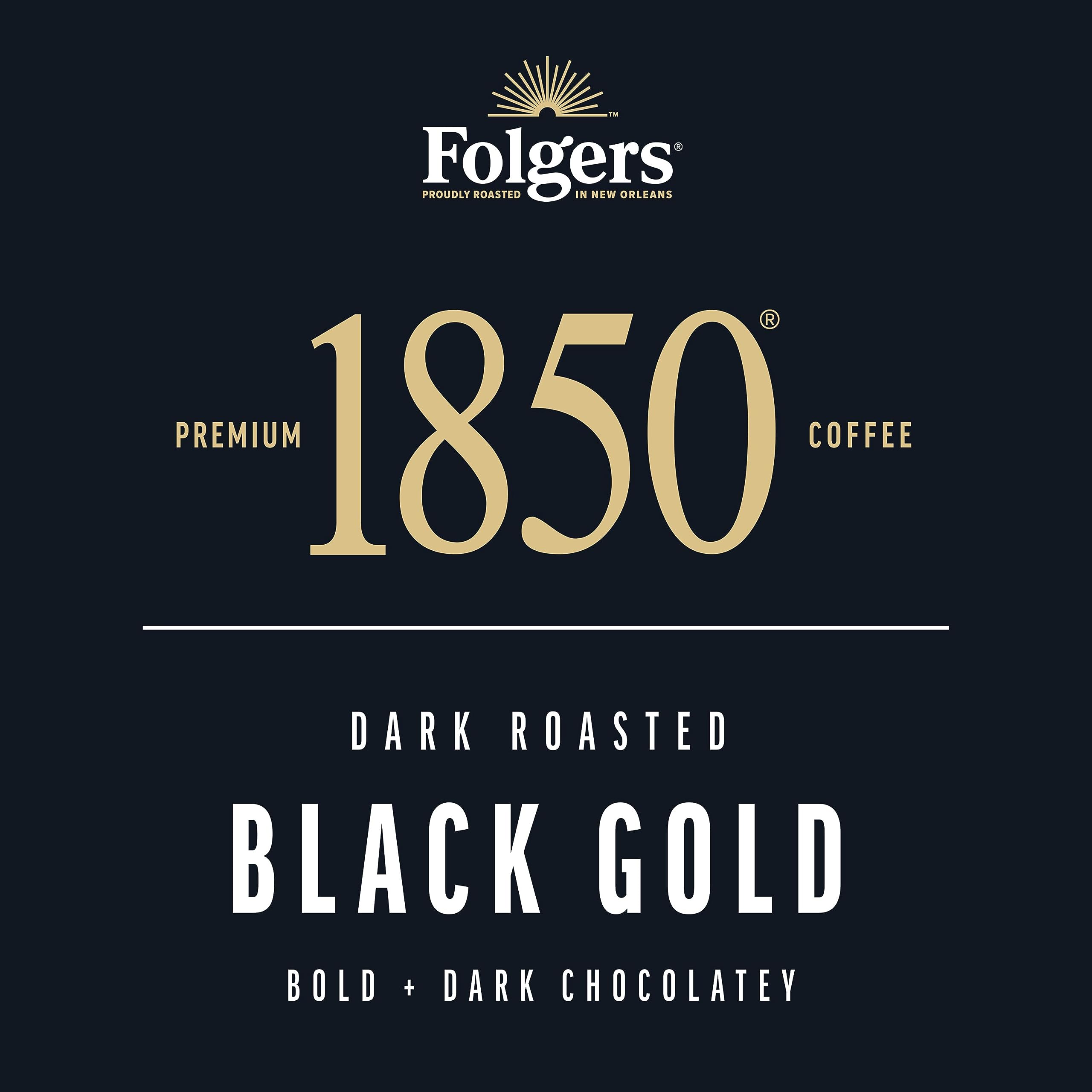 Folgers 1850 Black Gold packaging showcasing six ten-count boxes for steady supply.