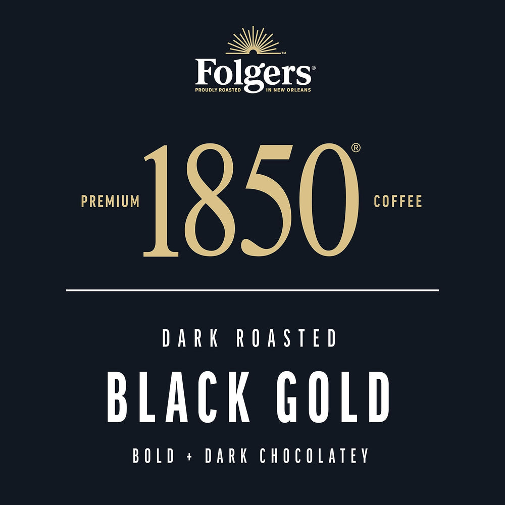 Folgers 1850 Black Gold packaging showcasing six ten-count boxes for steady supply.