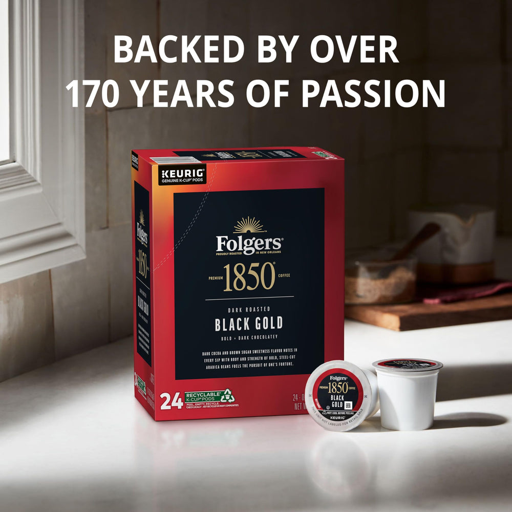 Folgers 1850 Black Gold roast beans captured in roasting for rich aroma.