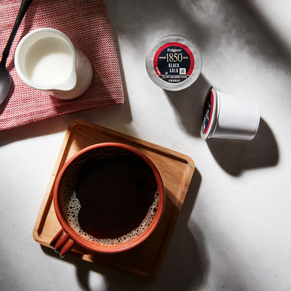 Folgers 1850 Black Gold steel-cut beans signaling time-honored craft and depth.