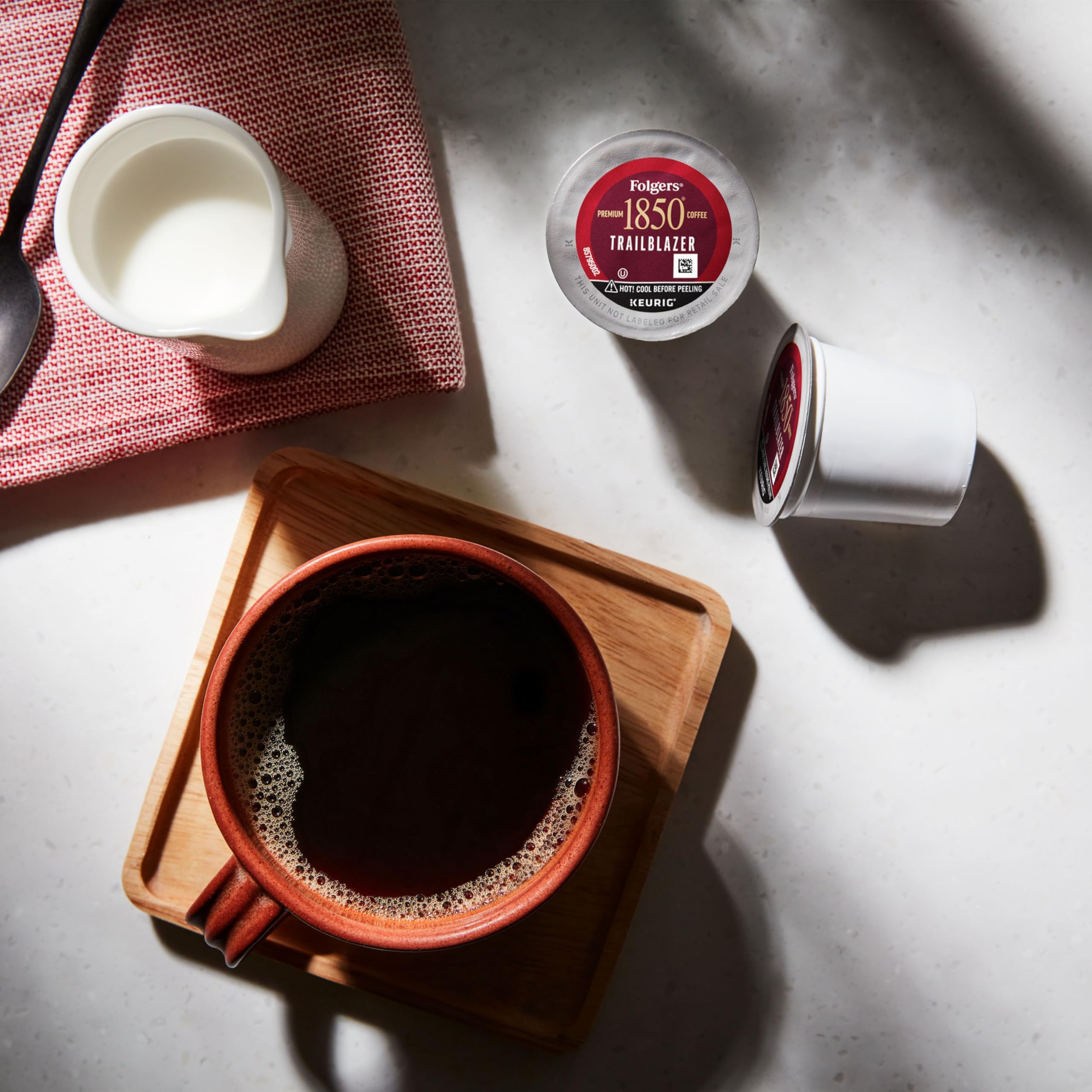 Keurig-compatible Folgers 1850 Trailblazer pods for fast brewing and consistent taste.