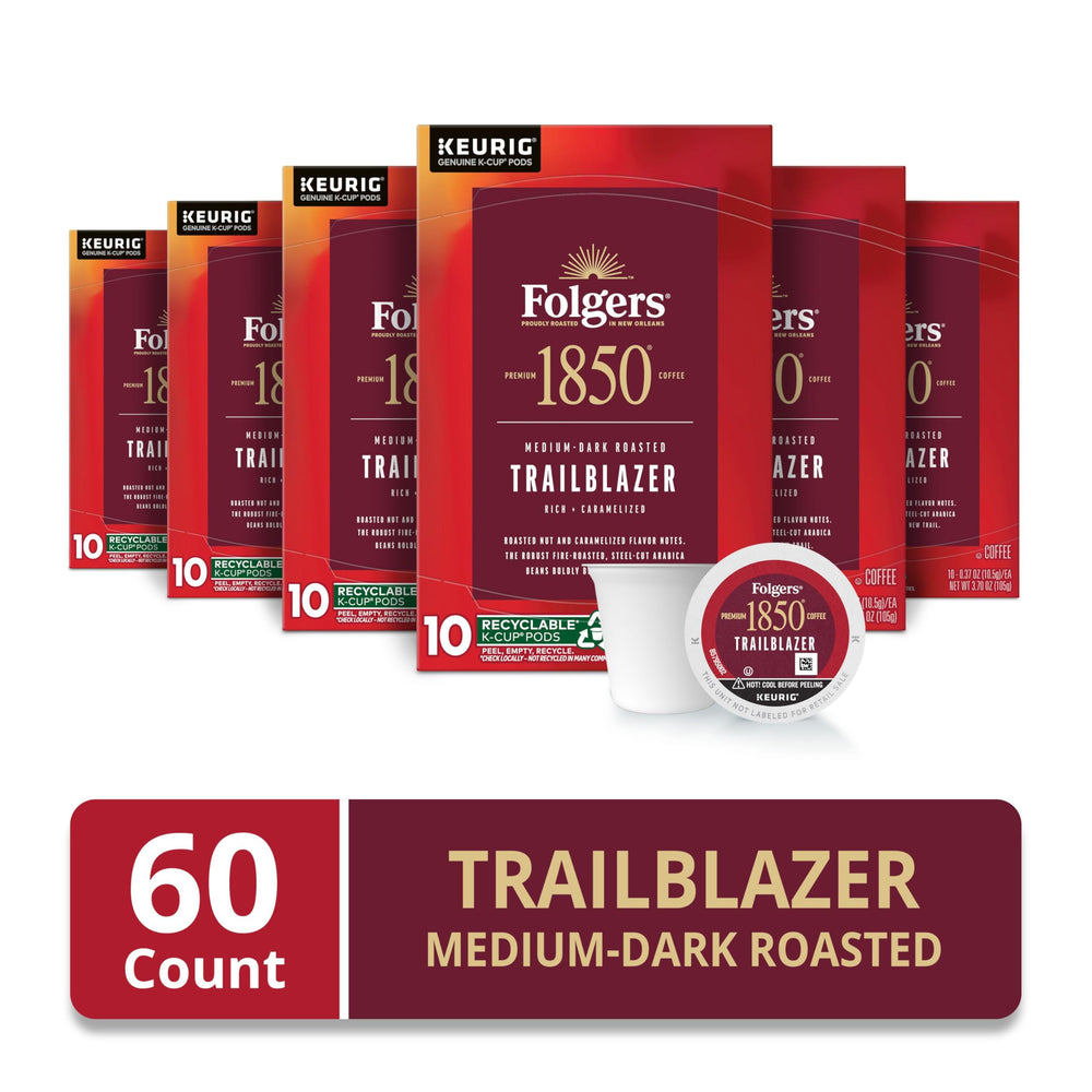Folgers 1850 Trailblazer medium-dark roast aroma for rich coffee moments.
