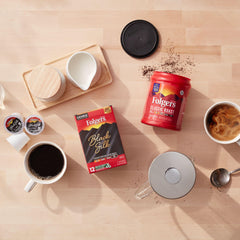Folgers Black Silk boxes packaging shown, organized six-pack convenience.