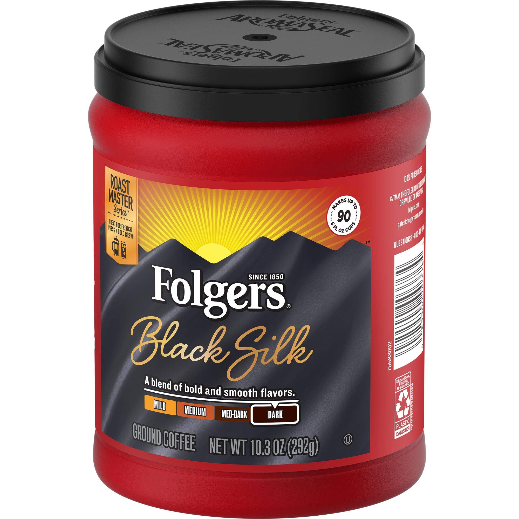 Folgers Black Silk canister on kitchen counter ready for daily use.