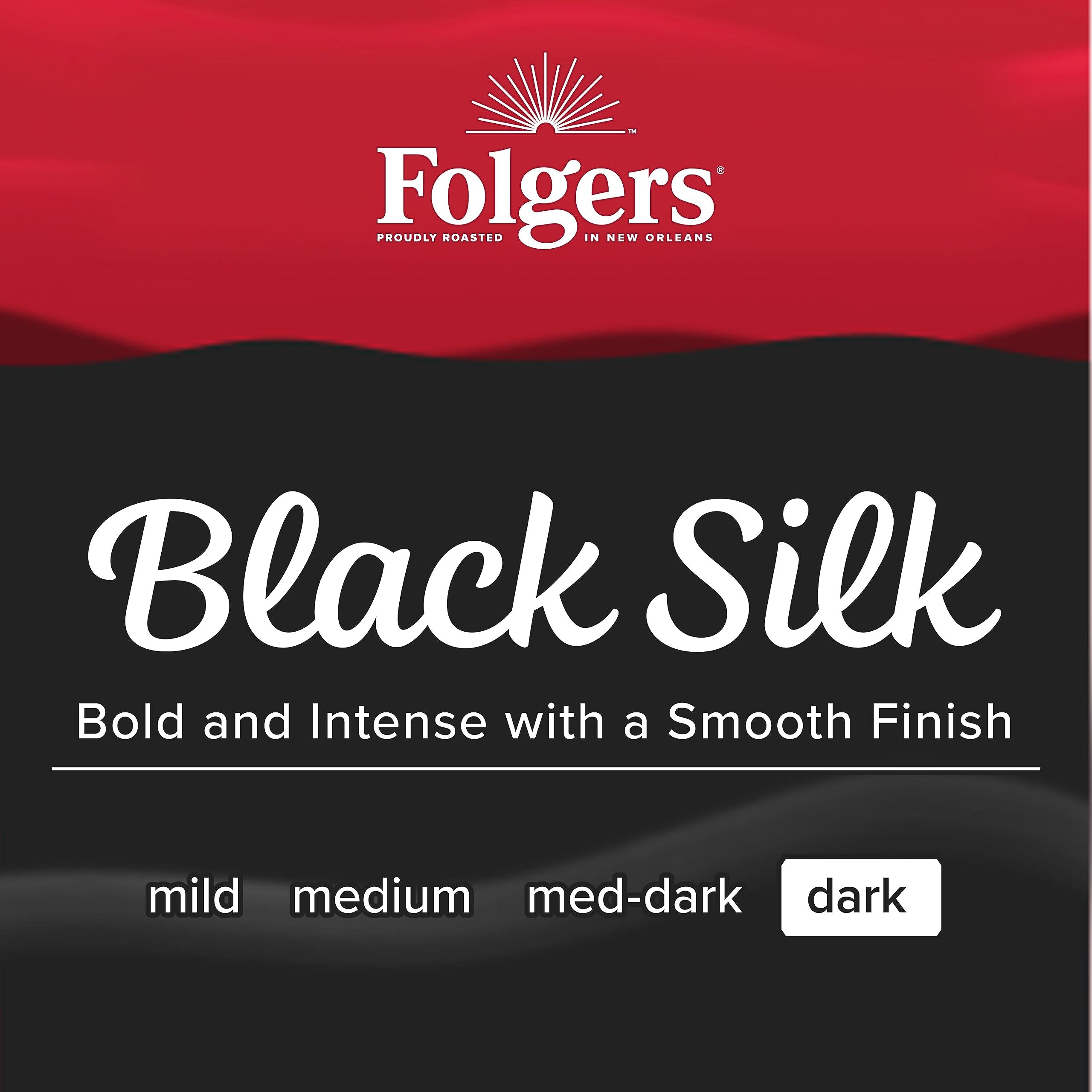 Folgers Black Silk coffee beans close-up, dark roast aroma.