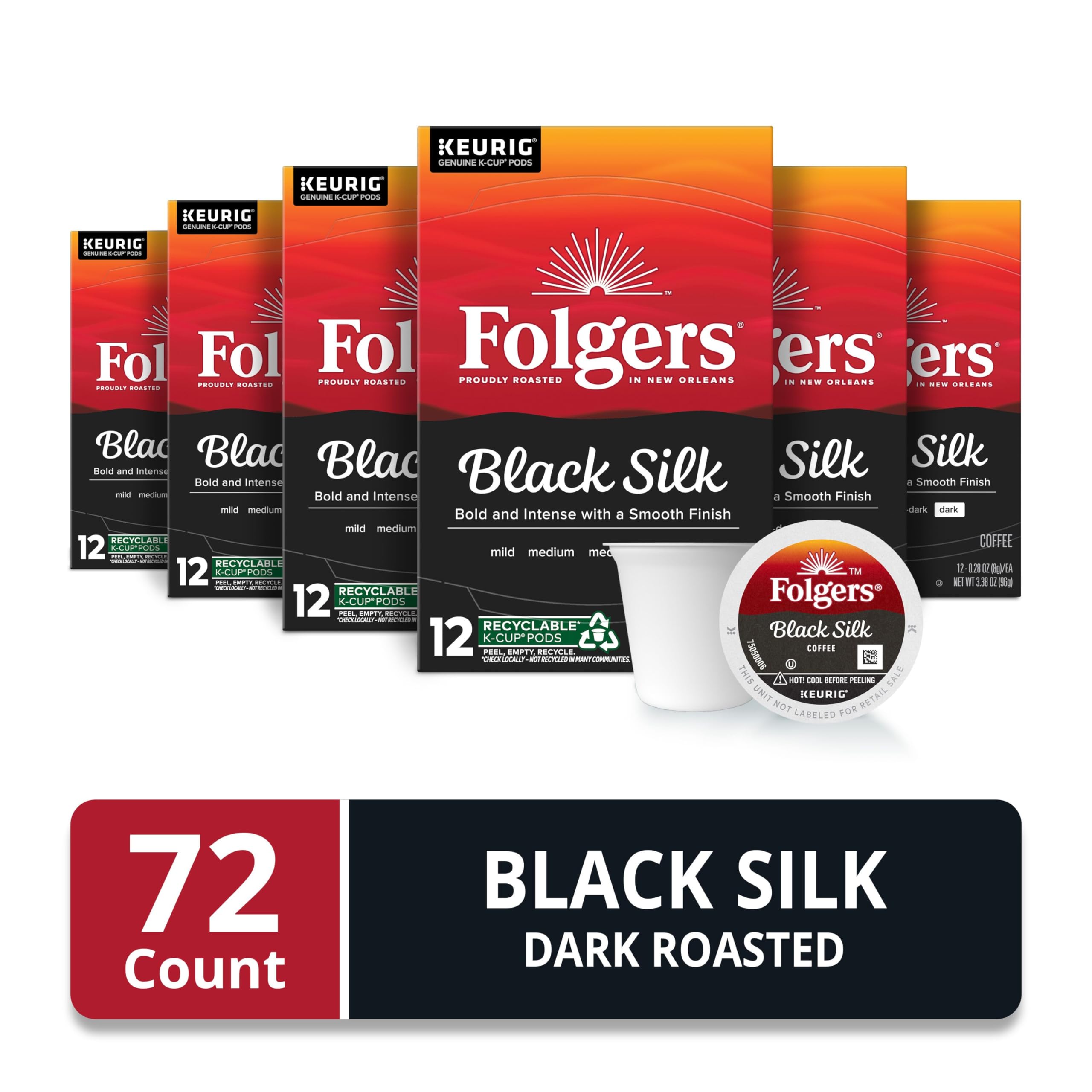Folgers Black Silk dark roast cup close-up, rich aroma and smooth finish.