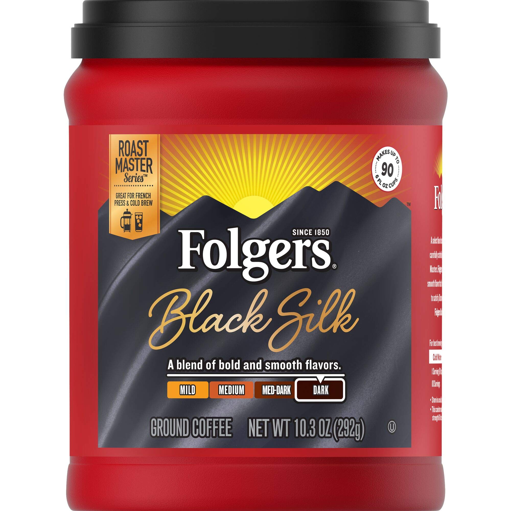 Folgers Black Silk canister preserves freshness for everyday brewing.