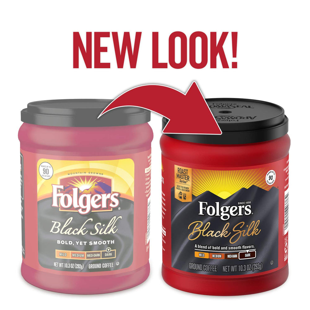 Folgers Black Silk ground coffee for pour-over with bold, smooth flavor.