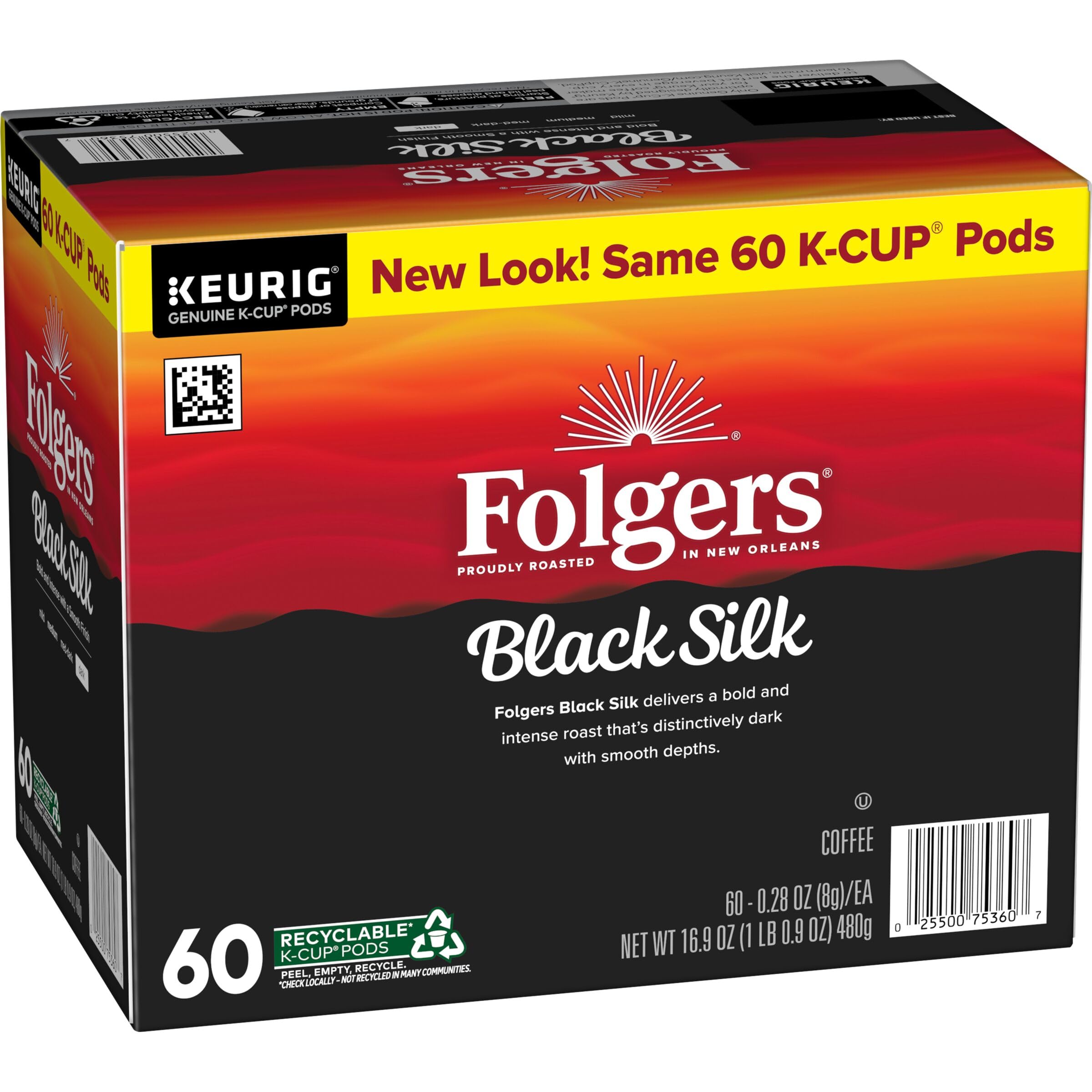 Folgers Black Silk pods on kitchen counter ready for brewing.