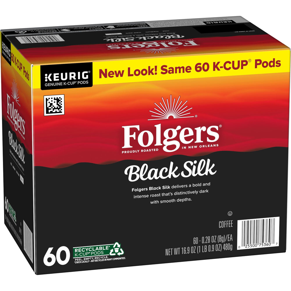 Folgers Black Silk pods on kitchen counter ready for brewing.