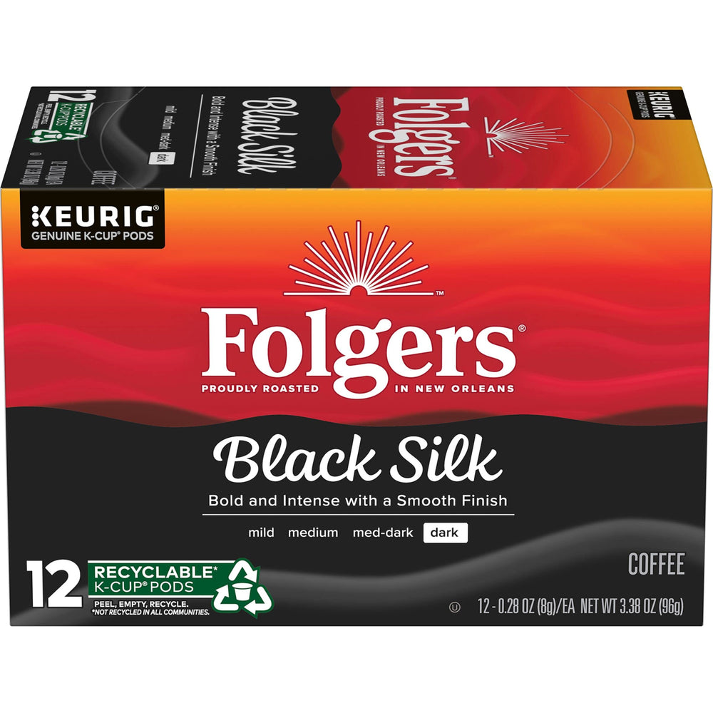 Folgers Black Silk Keurig pods on shelf, consistent flavor for busy mornings.