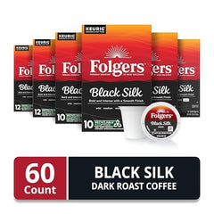 Folgers Black Silk six-box pack on shelf for convenient mornings.