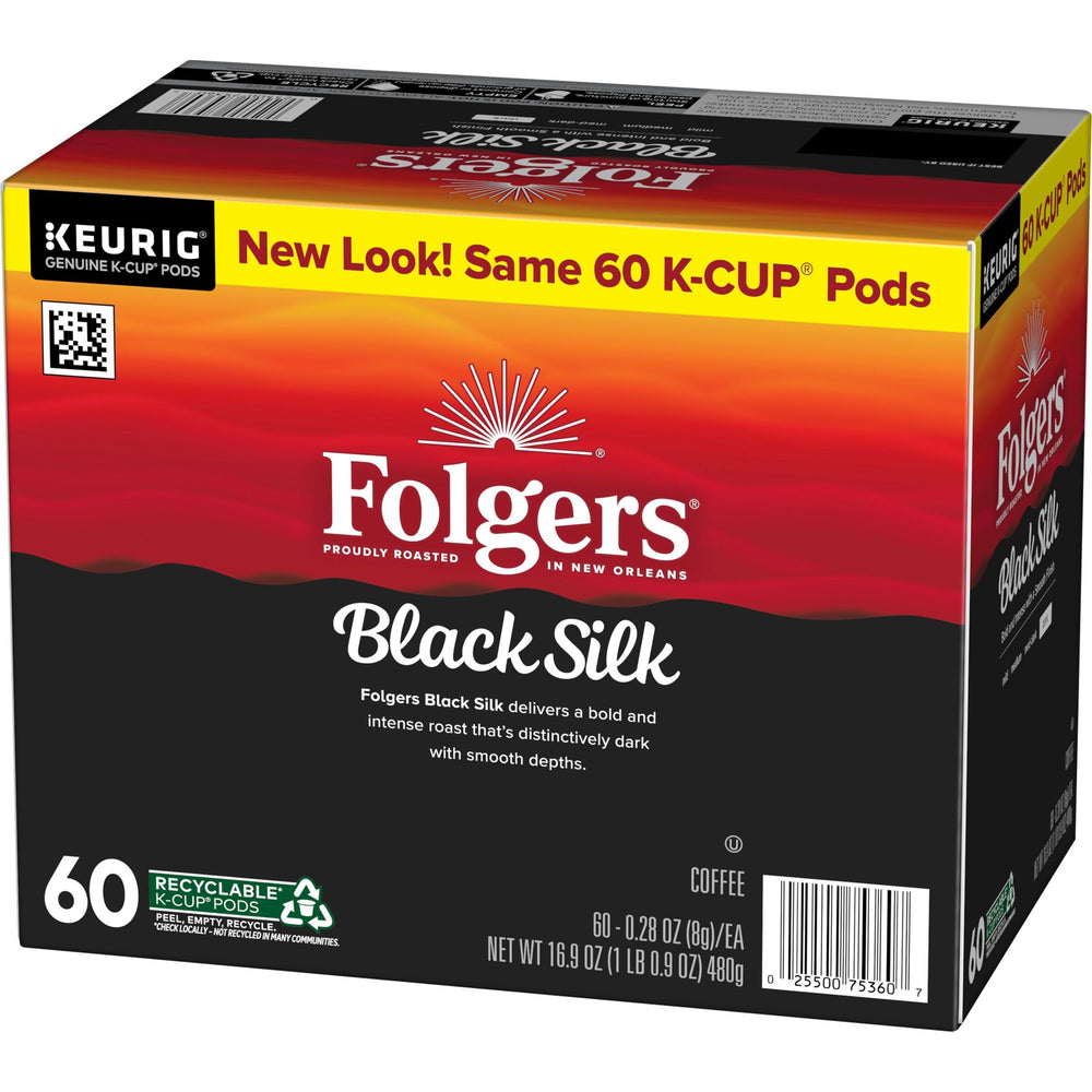 Folgers Black Silk steam rising as bold coffee pours.