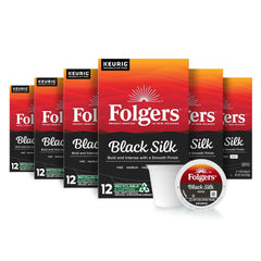 Folgers Black Silk K-Cup pods in six-pack box for quick, bold mornings.