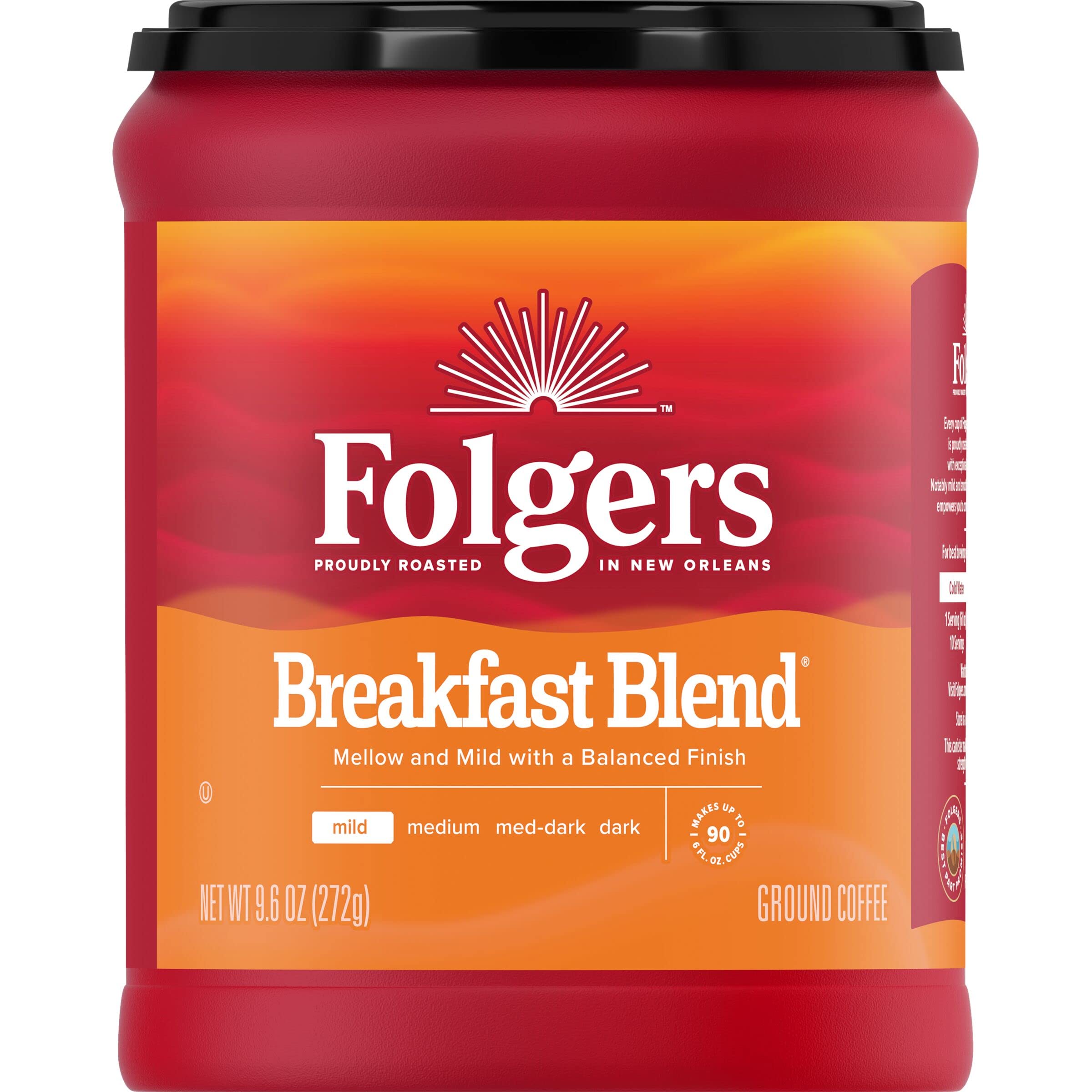 Folgers Breakfast Blend canister front, smooth morning coffee invitation