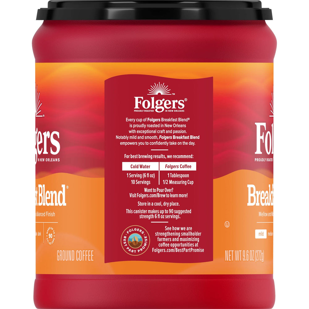 Folgers Breakfast Blend ground coffee in canister, mild roast and mellow flavors