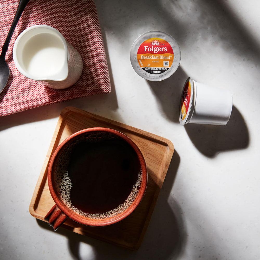 Folgers Breakfast Blend Keurig pods for quick, mess-free brewing.