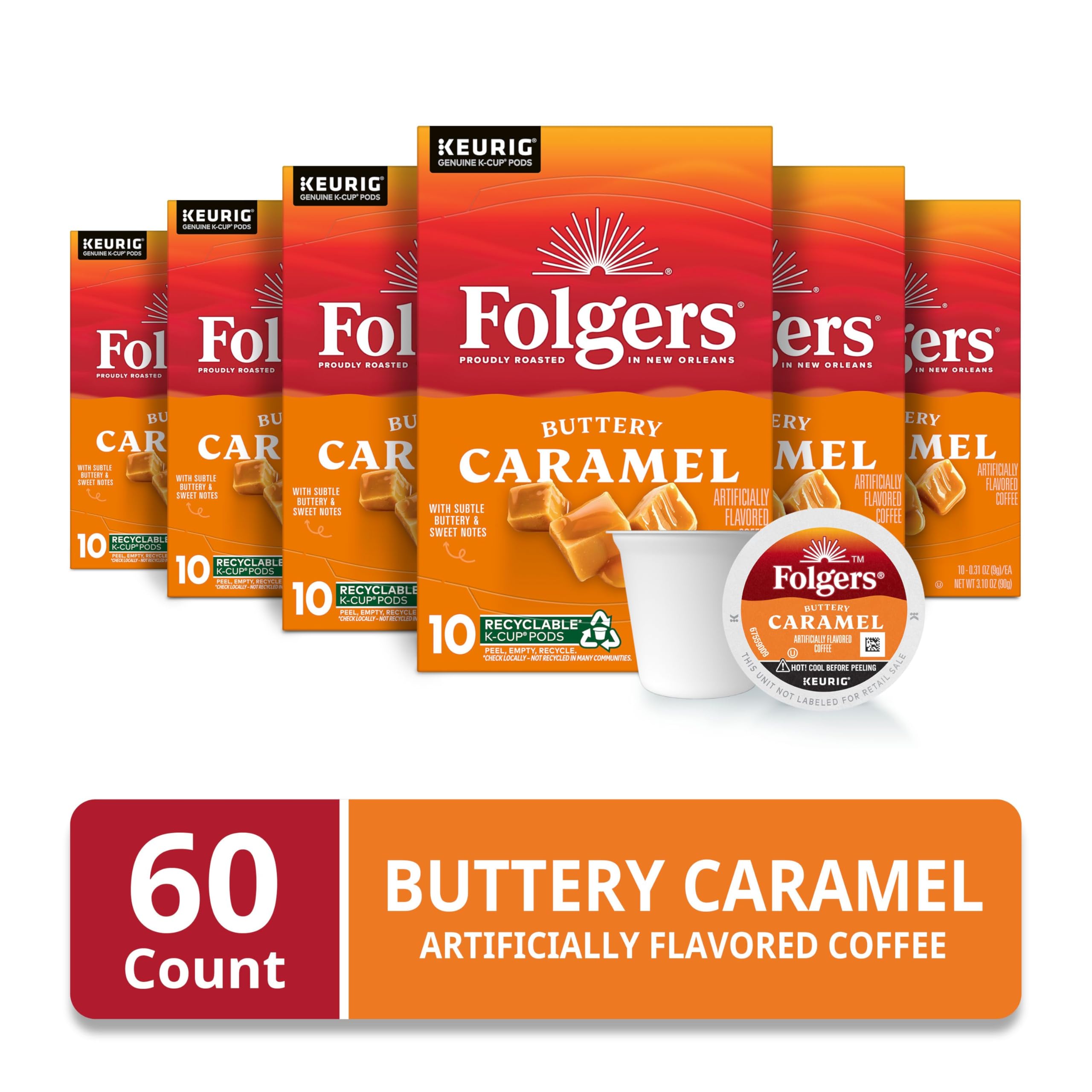 Closeup of Folgers Buttery Caramel K-Cup pods showing the smooth caramel notes.