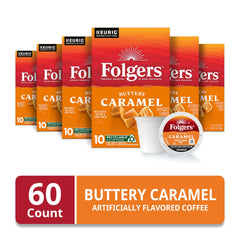 Closeup of Folgers Buttery Caramel K-Cup pods showing the smooth caramel notes.