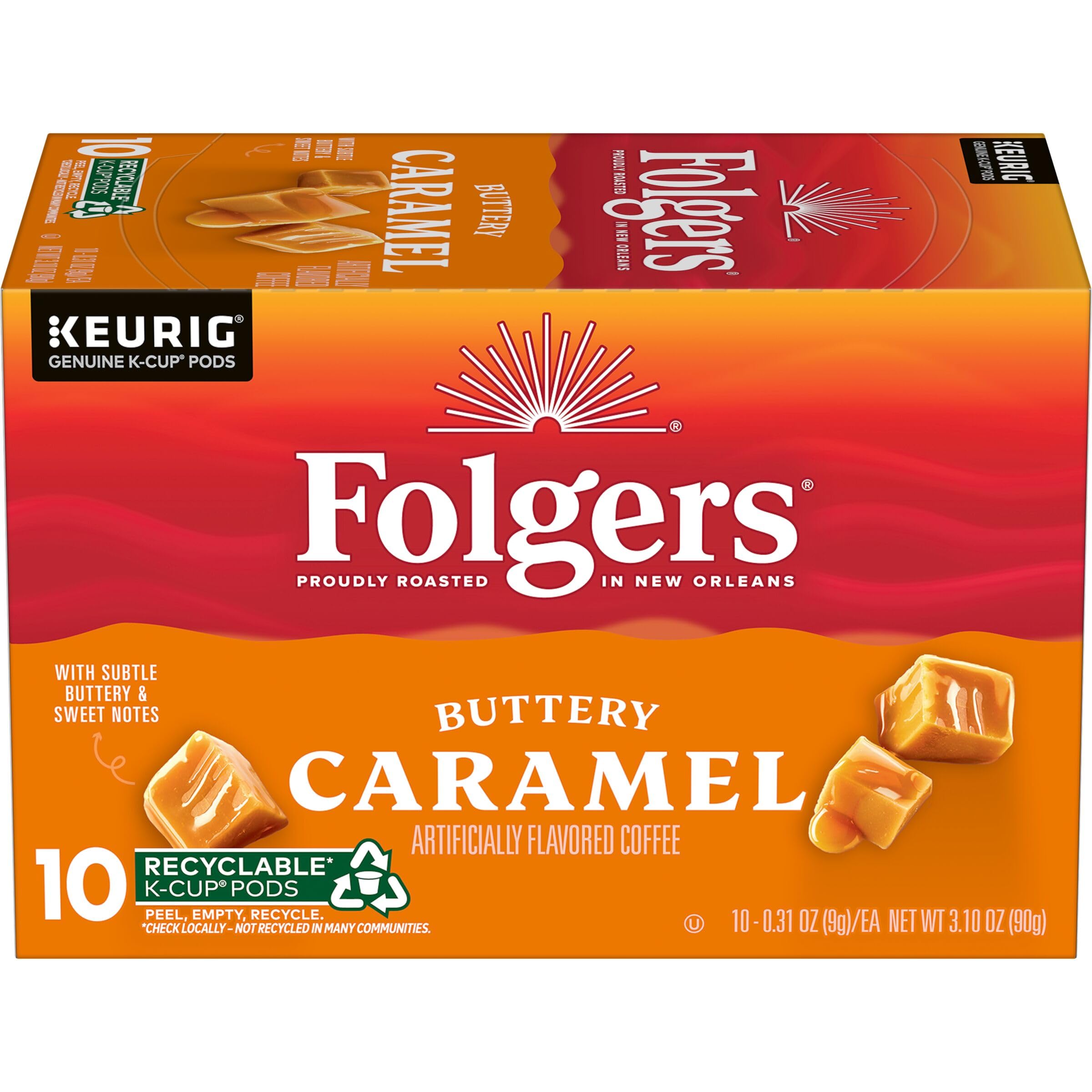 Folgers Buttery Caramel K-Cups box front, a convenient 10-count pack.