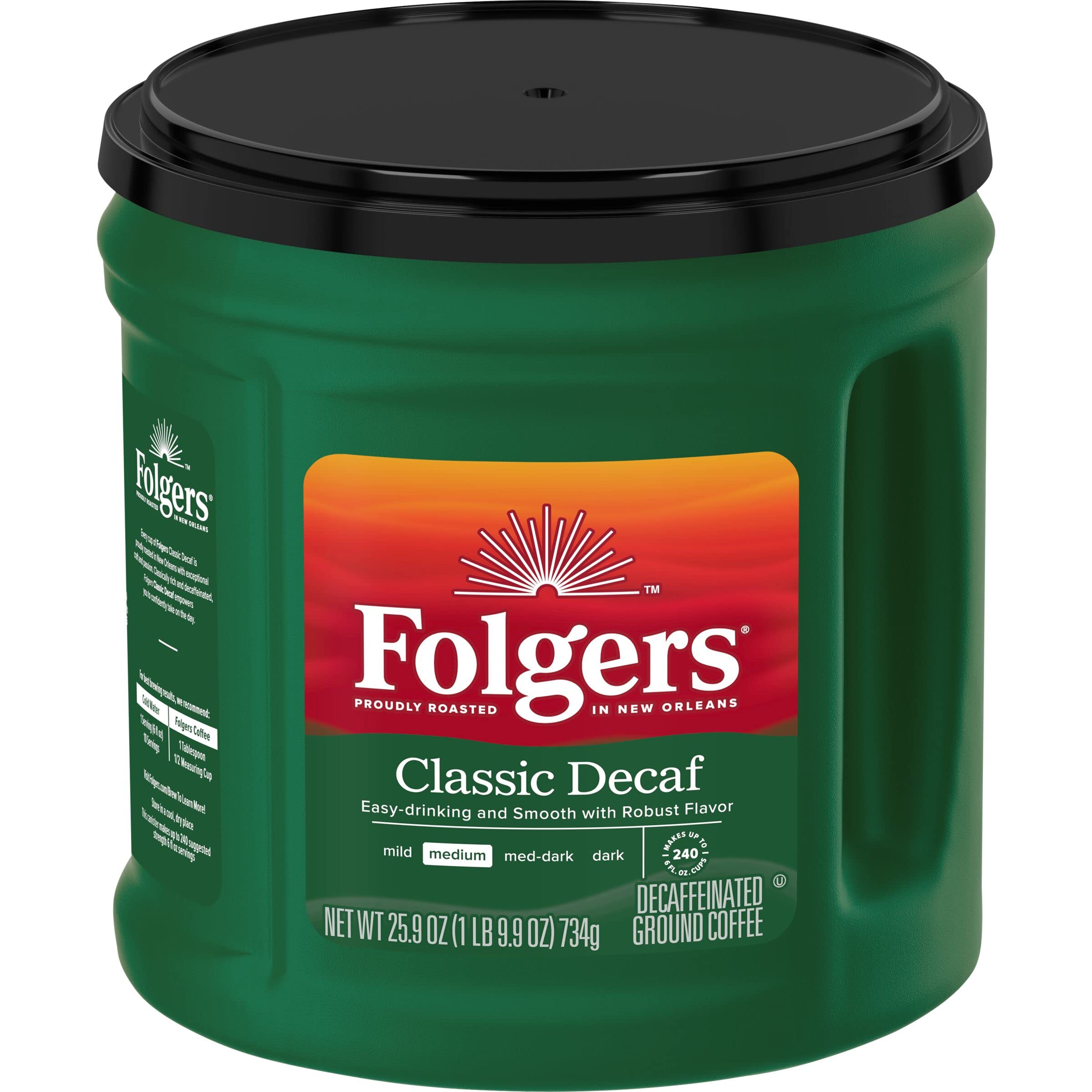 Folgers Classic Decaf AromaSeal canister front view shows freshness.