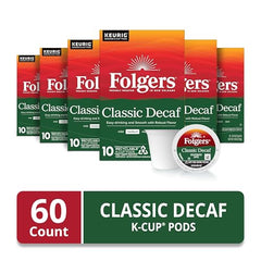 Folgers Classic Decaf K-Cup pods closeup showcasing smooth flavor