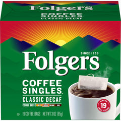 Folgers Classic Decaf single-serve bags in box for quick mornings