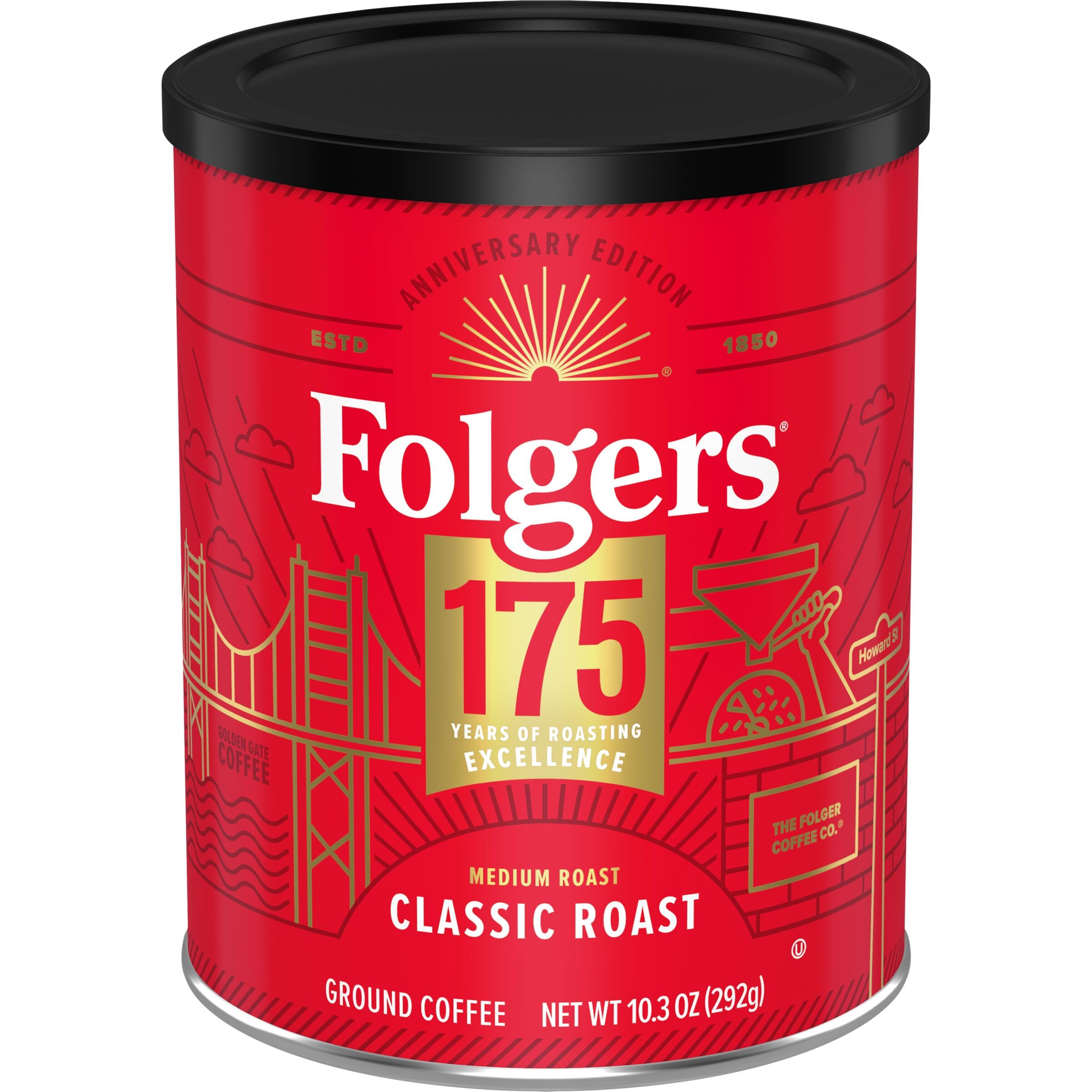Folgers Classic Medium Roast canister front view with collectible 175th anniversary design.