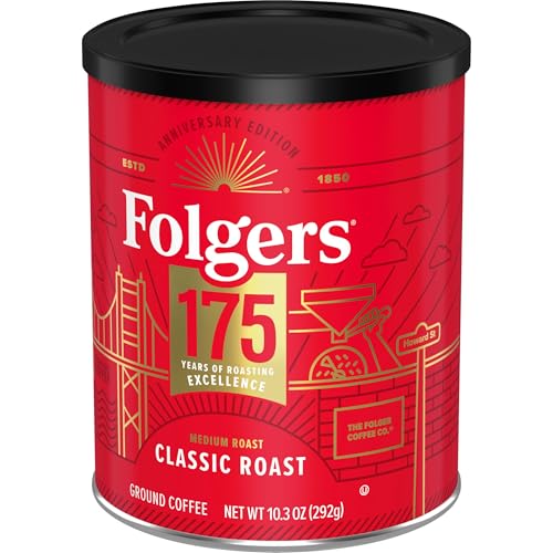 Folgers Classic Medium Roast coffee grounds being scooped for versatile brewing.
