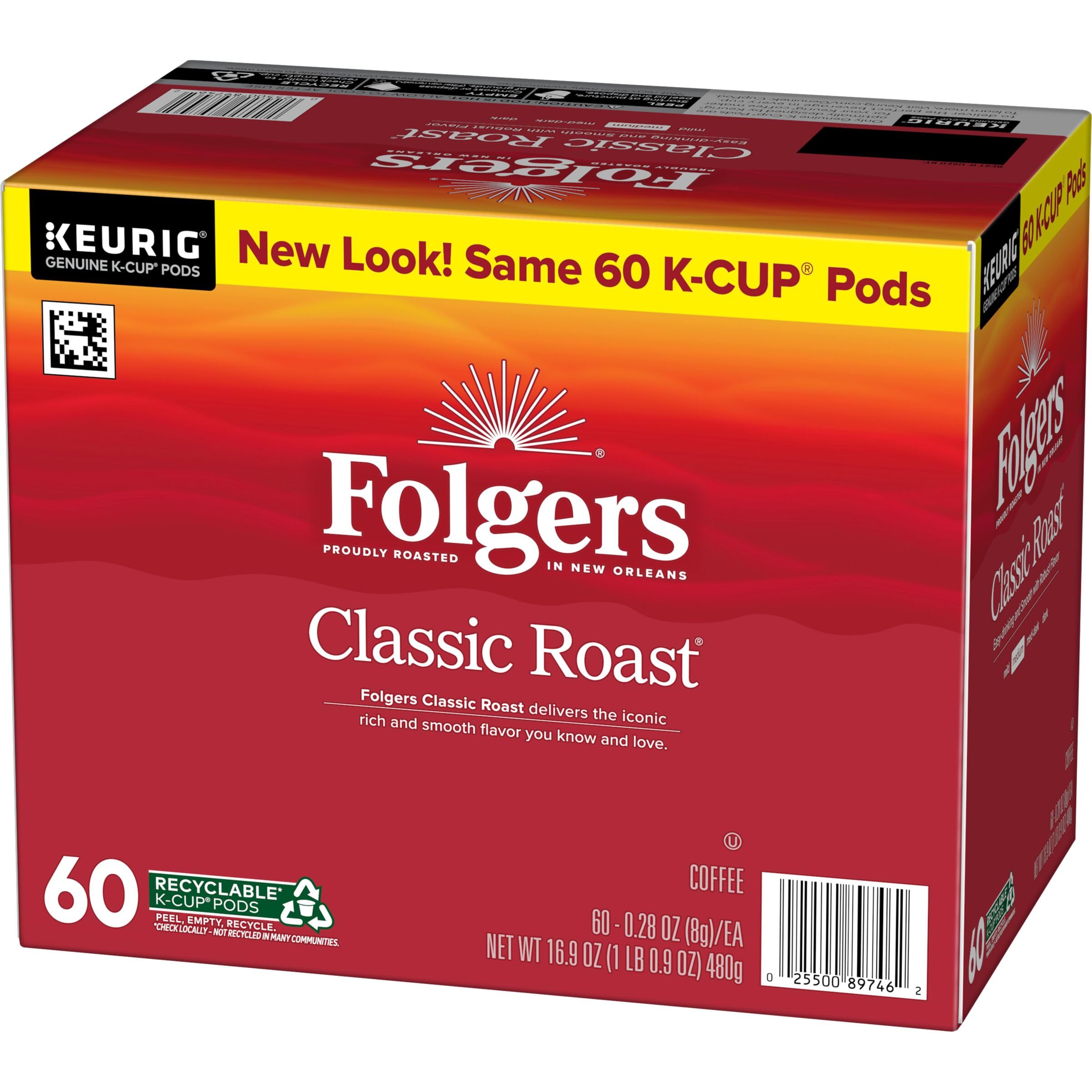 A mug shows a smooth Folgers Classic Roast pour after a Keurig brew.
