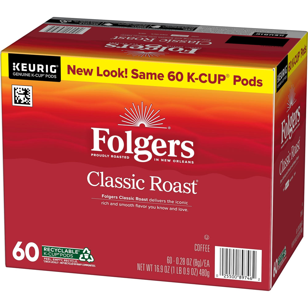 A mug shows a smooth Folgers Classic Roast pour after a Keurig brew.