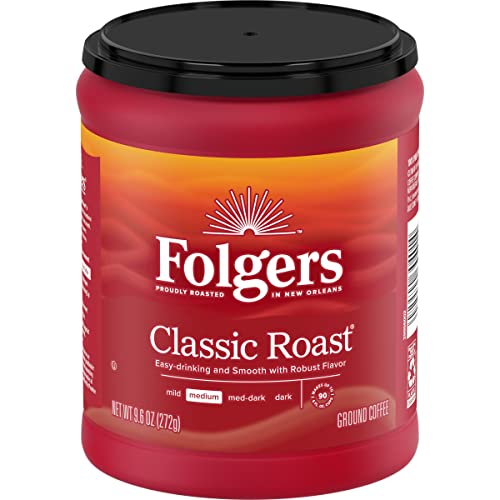 Folgers Classic Roast ground coffee beans close-up shows finely ground texture