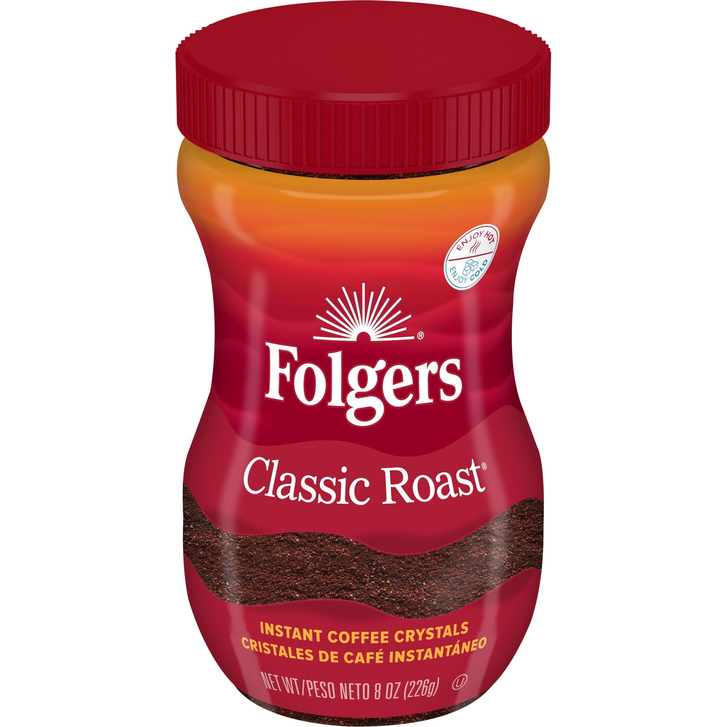 Folgers Classic Roast Instant Coffee jar with rich aroma for quick mornings.