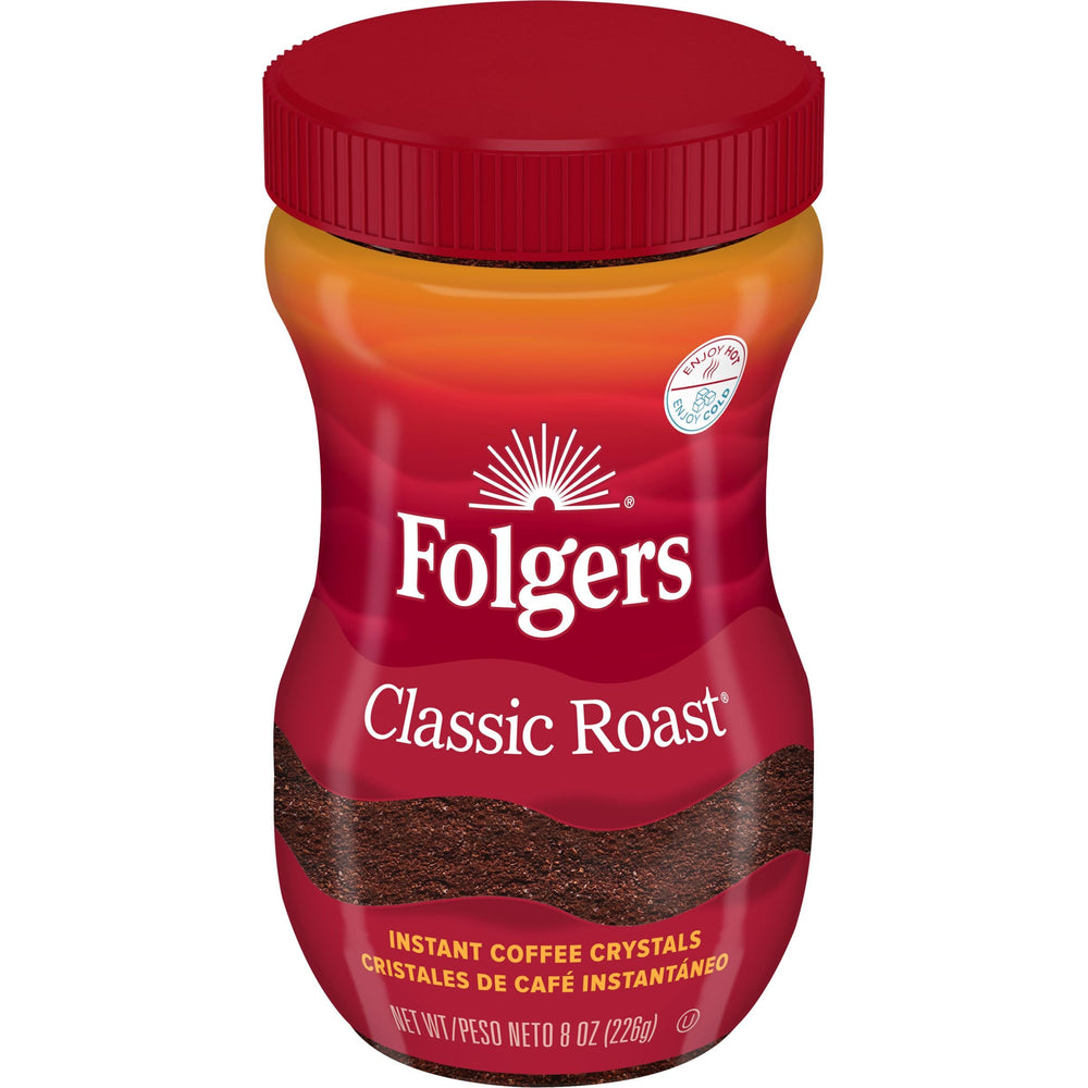 Folgers Classic Roast Instant Coffee jar with rich aroma for quick mornings.