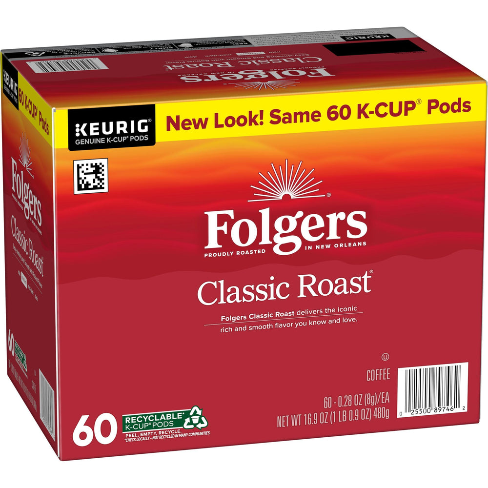 Close-up of the Folgers K-Cup pod label with the Classic Roast mark.