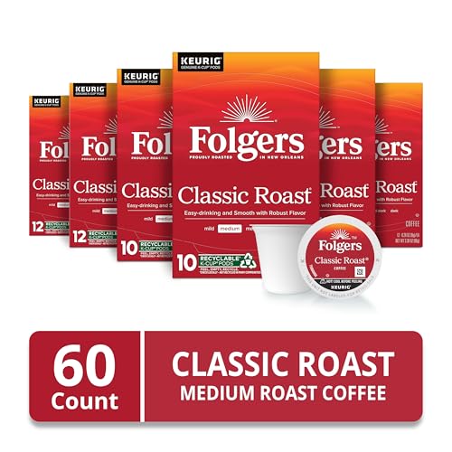 Six boxes of Folgers Classic Roast K-Cup pods stacked on a shelf.