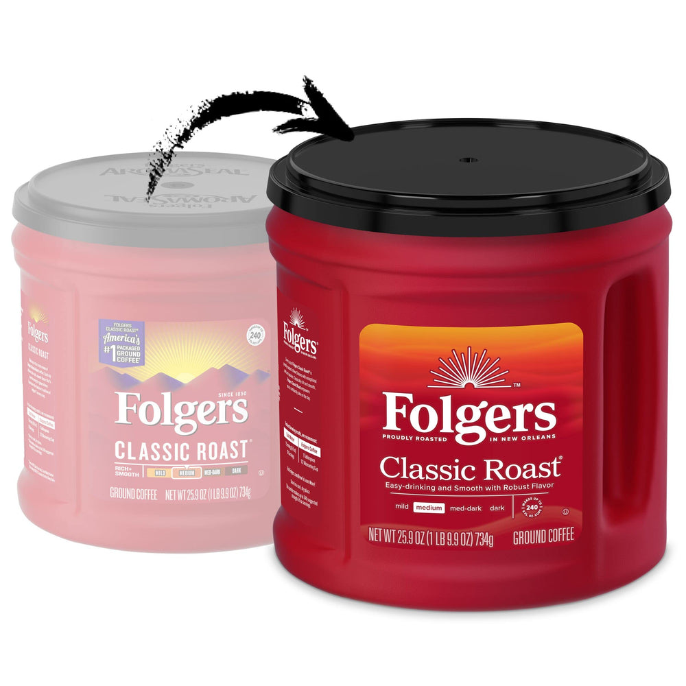 Folgers Classic Roast lid open closeup showing easy scoop and aroma release.