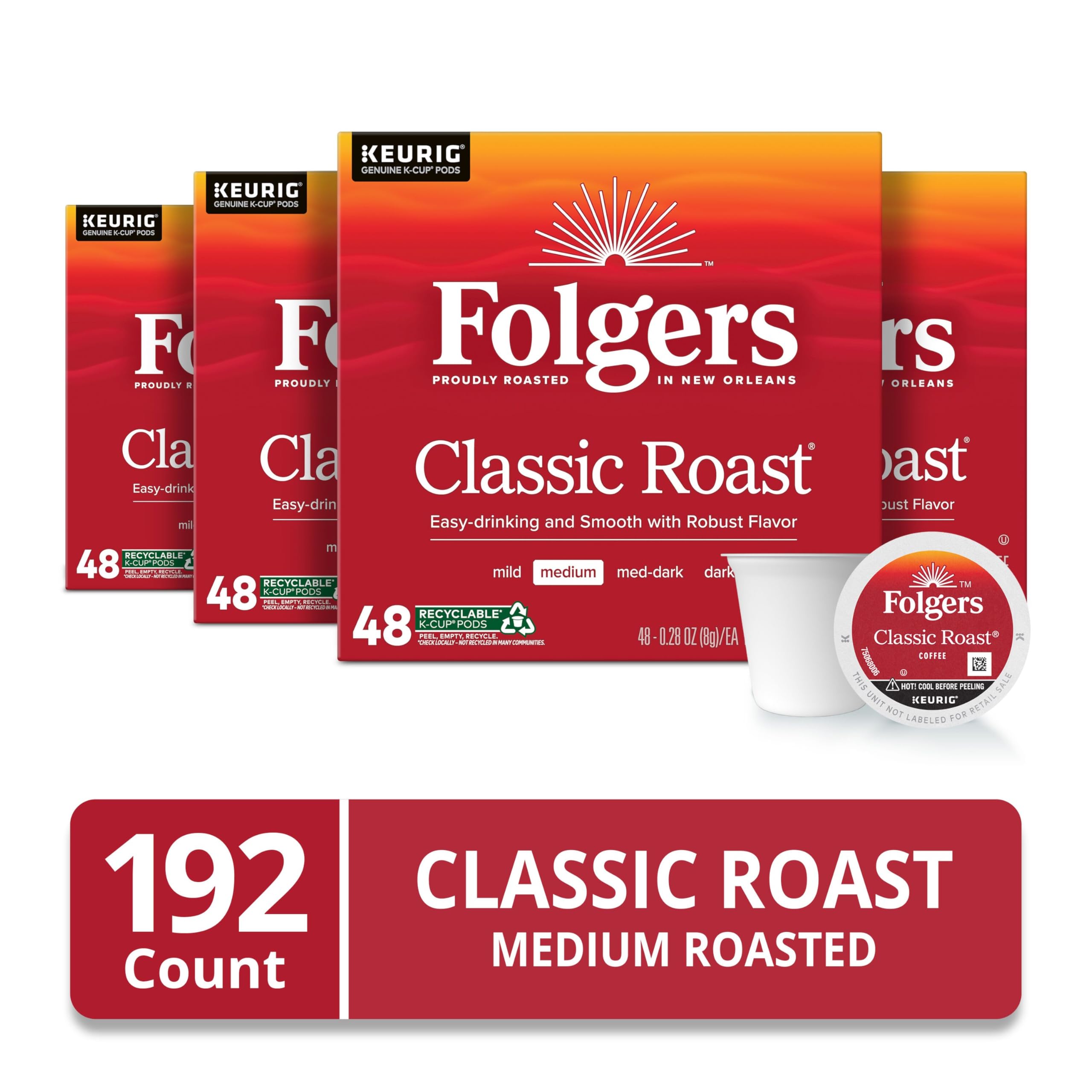 Folgers Classic Roast pods in individual packaging for freshness.