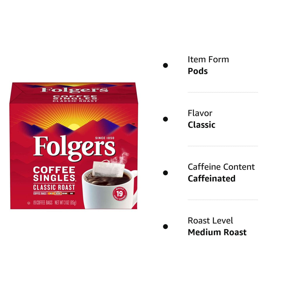 Folgers Coffee Singles box contents reveal 19 portions for daily use.