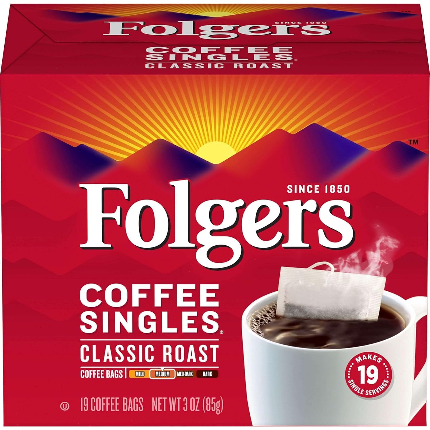 Folgers Coffee Singles box packaging shows convenient single-serve portions for busy mornings.