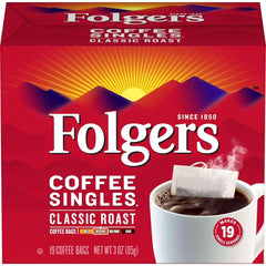 Folgers Coffee Singles box packaging shows convenient single-serve portions for busy mornings.