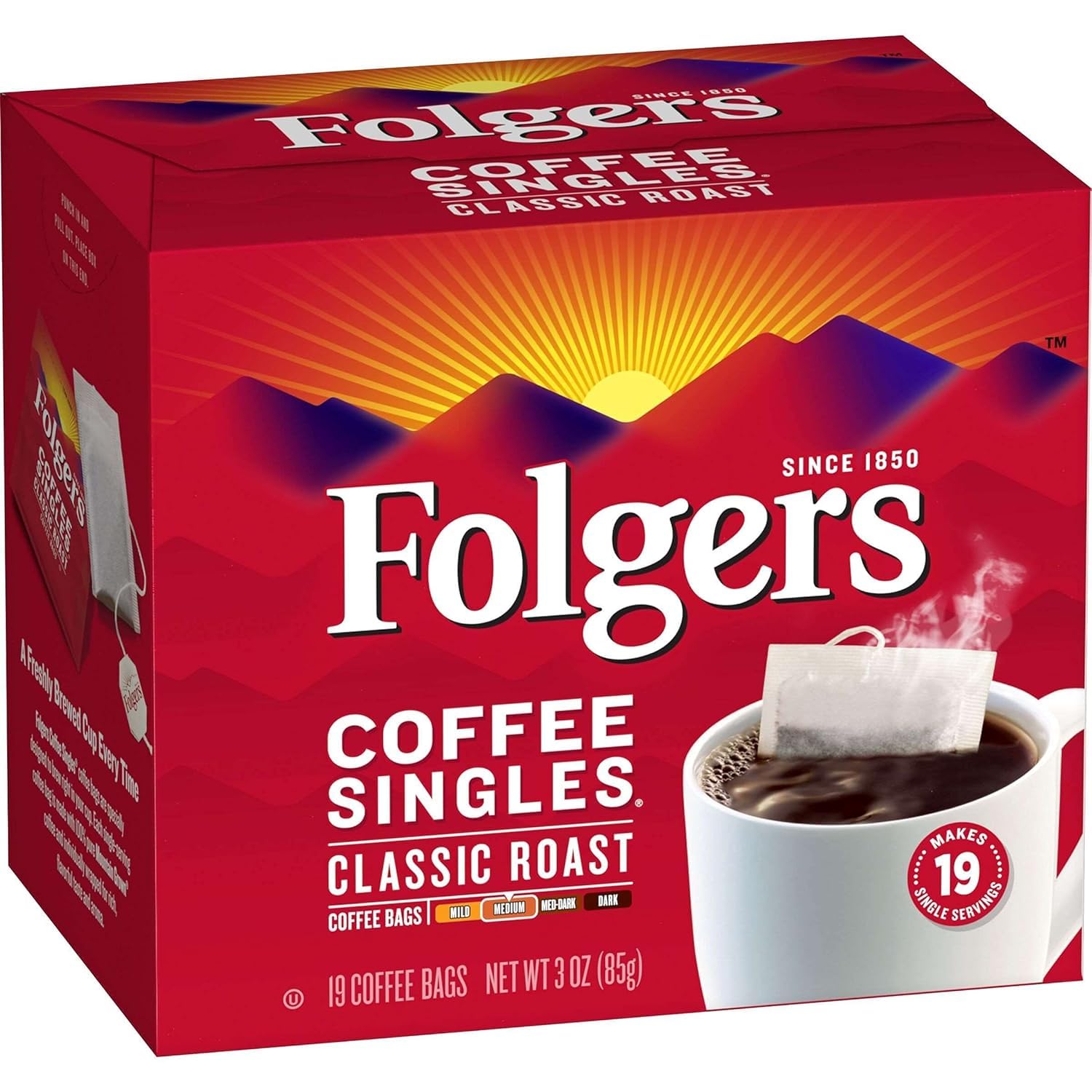 Folgers Coffee Singles dispensing into cup demonstrates simple, mess-free brewing.