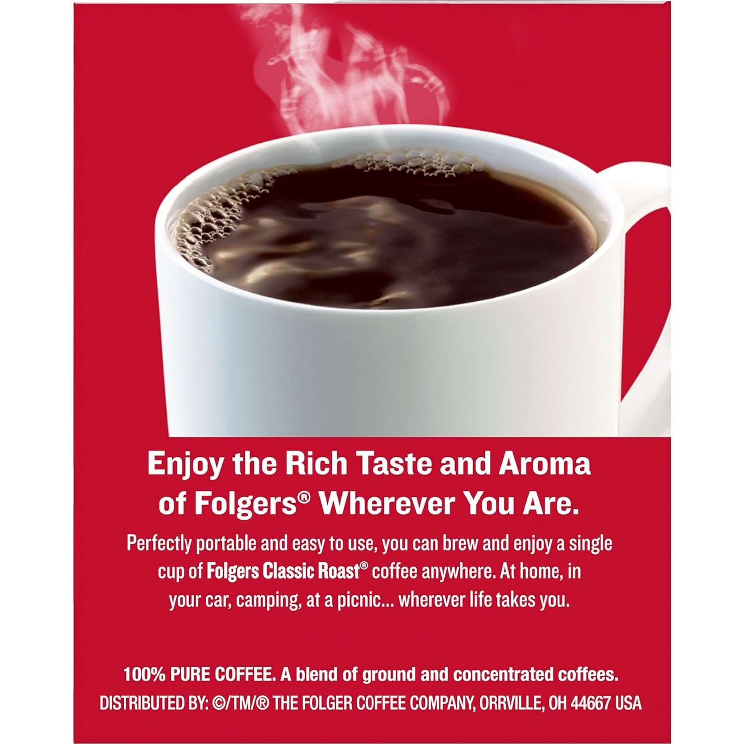 Folgers Coffee Singles travel-ready lid emphasizes on-the-go coffee convenience.