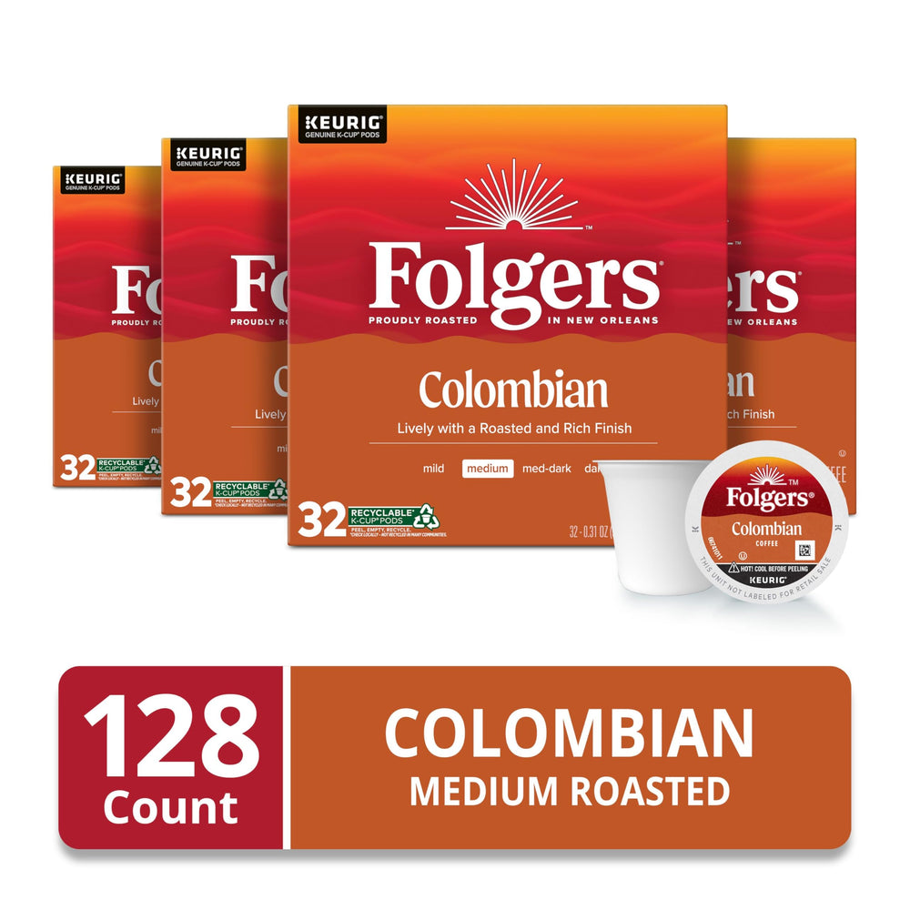 Folgers Colombian Coffee K-Cup pods close-up highlighting rich aroma and medium roast.