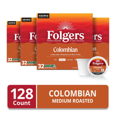 Folgers Colombian Coffee K-Cup pods close-up highlighting rich aroma and medium roast.
